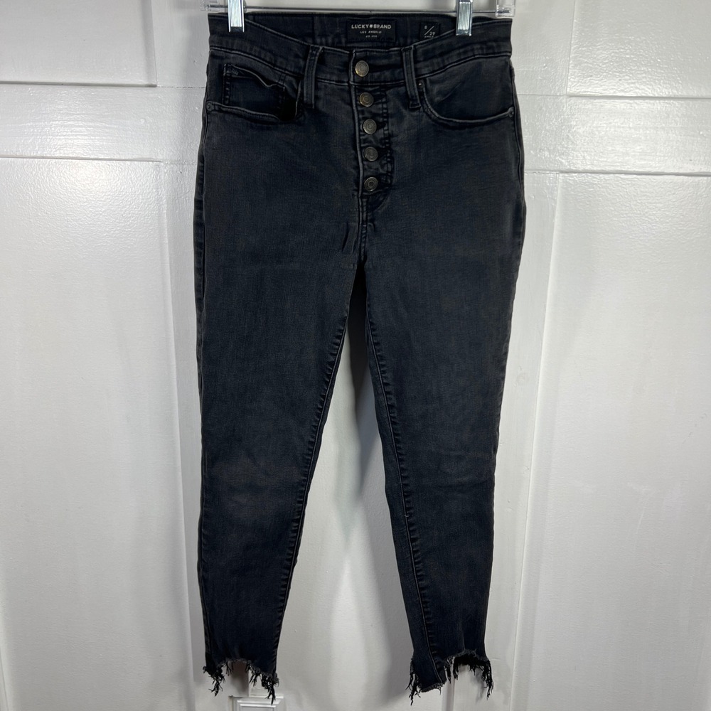 Lucky Brand Womens Jeans Size 8 29 Ankle Button Fly Frayed Hem Black Denim